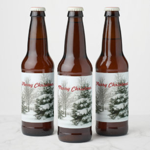 God jul, snö-lastat fir träd ölflaska etikett