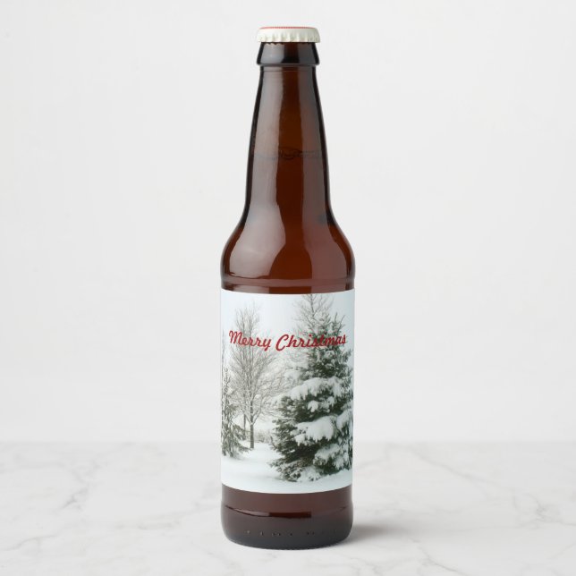 God jul, snö-lastat fir träd ölflaska etikett (Framsida)