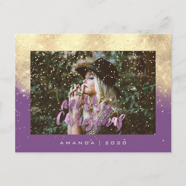 God jul Snö Lila Guld Photo Glitter Vykort (Framsida)