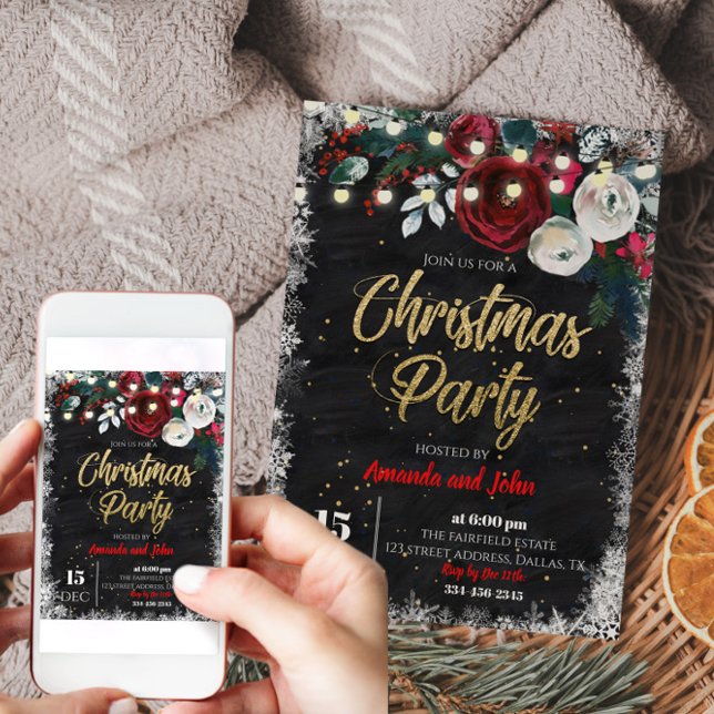 God jul Snö Red Blommigt Chalkboard Party Inbjudningar (Merry Christmas Snow Red Floral Chalkboard Party Invitation)