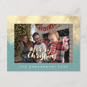 God jul Snö Teal Guld Photo Glitter Spark Vykort