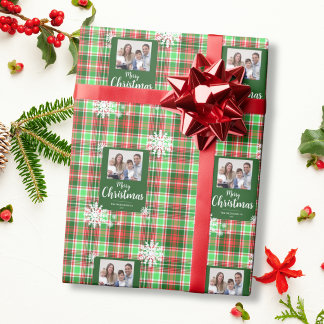 God Jul Snöflingor Röd Grön Plaid Foto Presentpapper