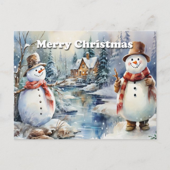 God Jul Snögubbar  Timmerstuga Flod  Meddelande Vykort (Framsida)