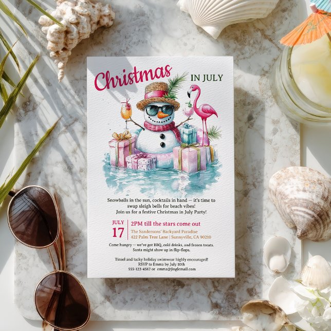 God jul Snögubbe Bassäng Party i juli i år Inbjudningar (Funny Snowman Pool Party Christmas in July Invitation)