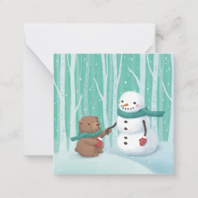 God jul: Snögubbe & Bear Illustration Art Anteckningskort (Framsida)