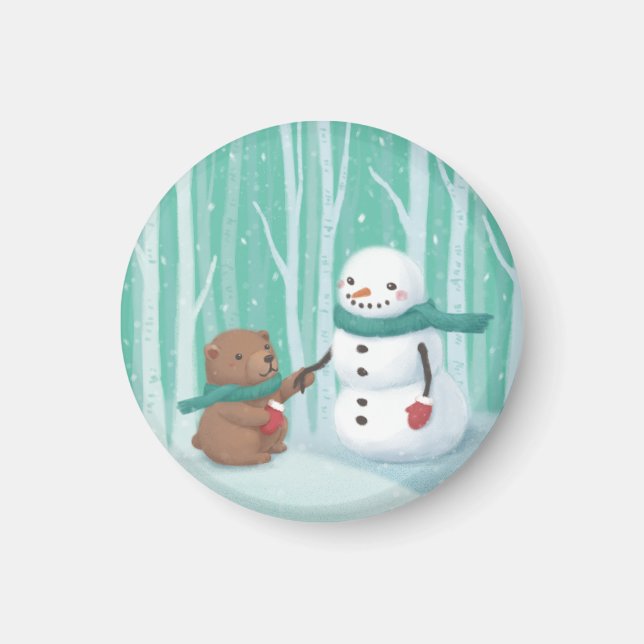 God jul: Snögubbe & Bear Illustration Art Magnet (Framsidan)