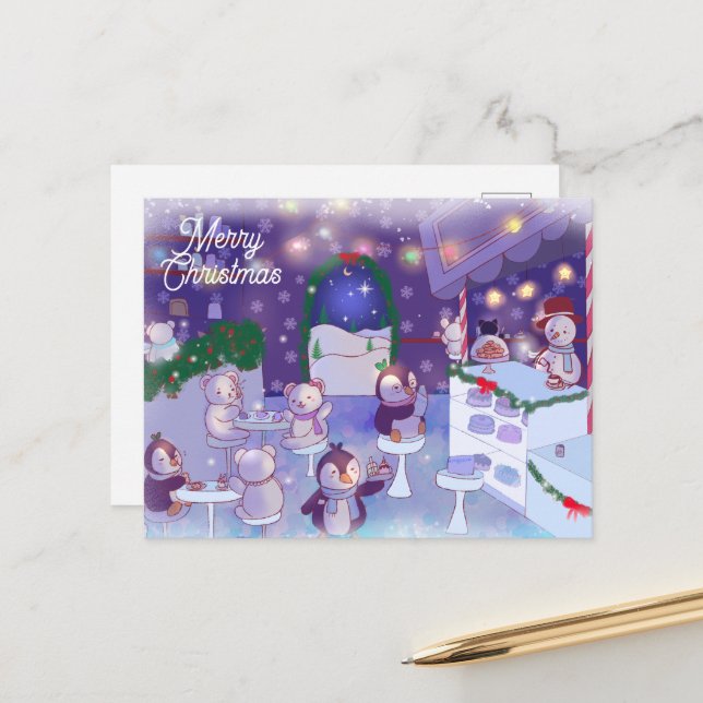 God jul Snögubbe Cafe Helg Vykort (Fram/Back In Situ)