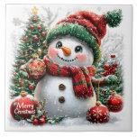 God jul Snögubbe Kakelplatta<br><div class="desc">En vacker och färgstark jul snögubbe. Vintage Inspired Image.</div>