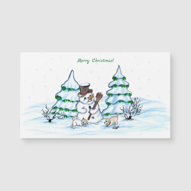 God jul! Snögubbe med katt och valp (Framsida)