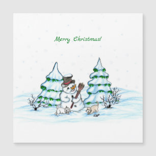 God jul! Snögubbe med katt och valp