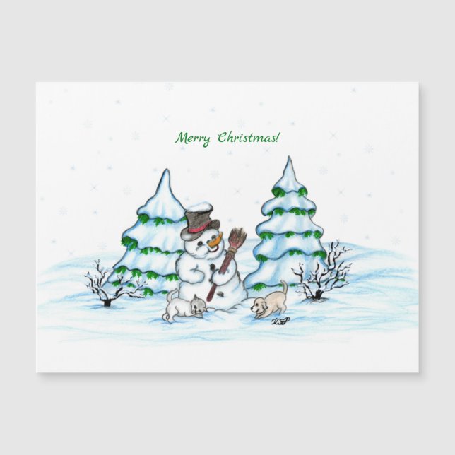 God jul! Snögubbe med katt och valp (Framsida)