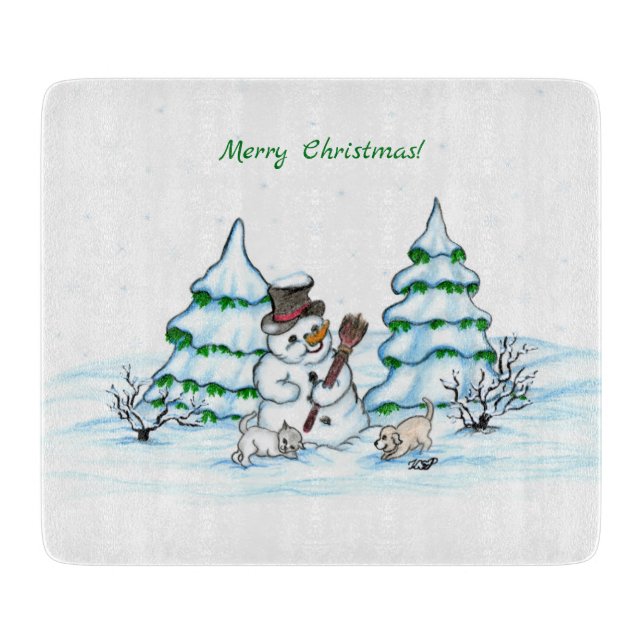 God jul! Snögubbe med katt och valp (Framsidan)