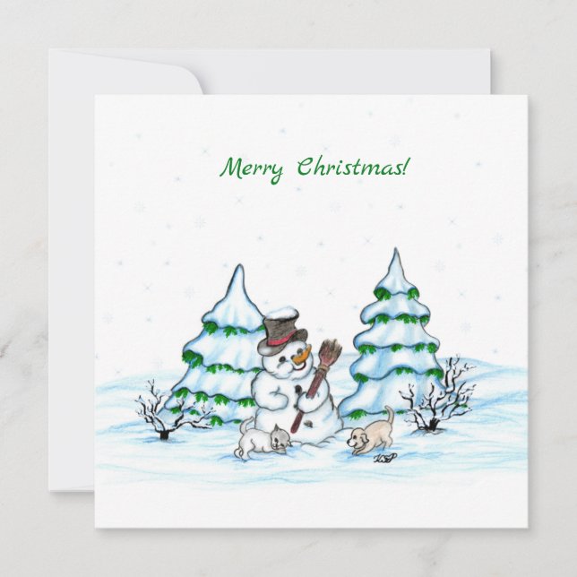 God jul! Snögubbe med katt och valp (Framsida)