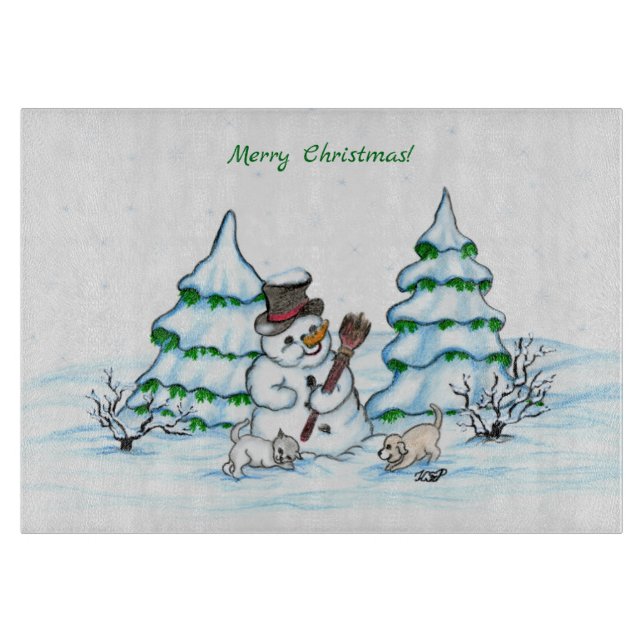 God jul! Snögubbe med katt och valp (Framsidan)