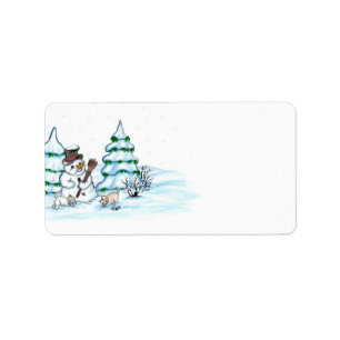 God jul! Snögubbe med katt och valp Adressetikett