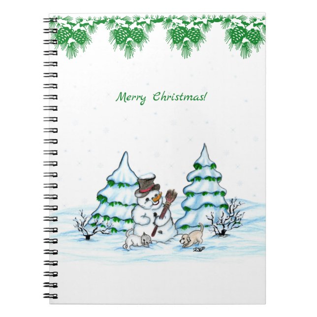 God jul! Snögubbe med katt och valp Anteckningsbok (Framsidan)