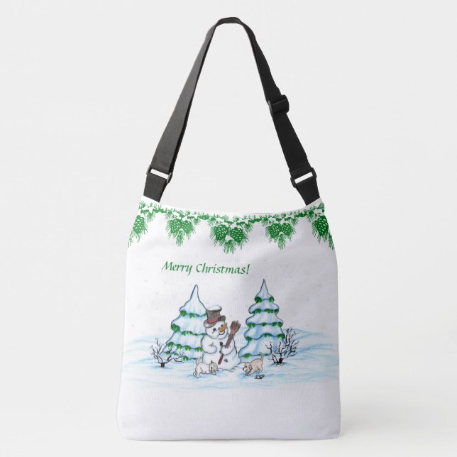 God jul! Snögubbe med katt och valp Axelväska (Framsida)