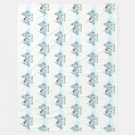 God jul! Snögubbe med katt och valp Fleecefilt