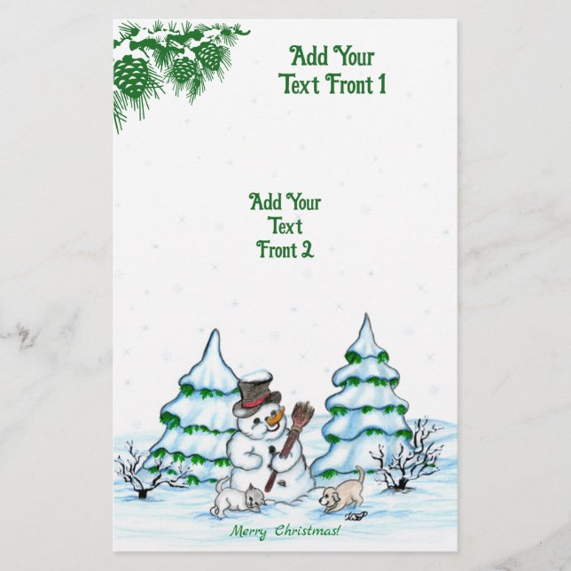God jul! Snögubbe med katt och valp Flygblad (Framsidan)
