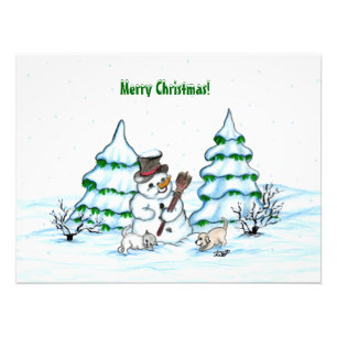 God jul! Snögubbe med katt och valp Fototryck