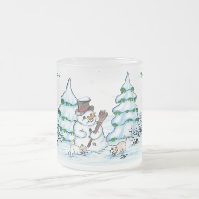 God jul! Snögubbe med katt och valp Frostad Glasmugg (Center)