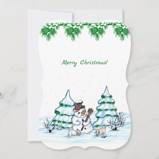 God jul! Snögubbe med katt och valp Inbjudningar (Framsida)