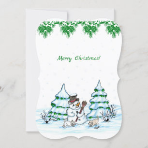 God jul! Snögubbe med katt och valp Inbjudningar