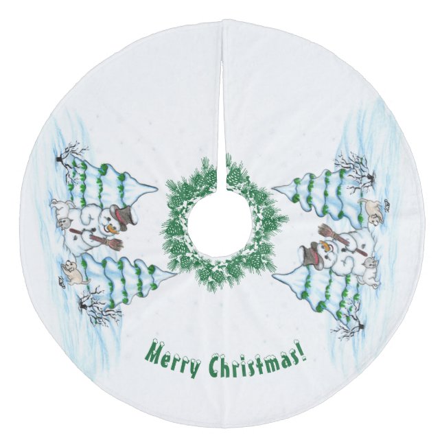 God jul! Snögubbe med katt och valp Julgransmatta Fleece (Framsidan)