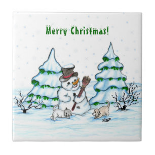 God jul! Snögubbe med katt och valp Kakelplatta
