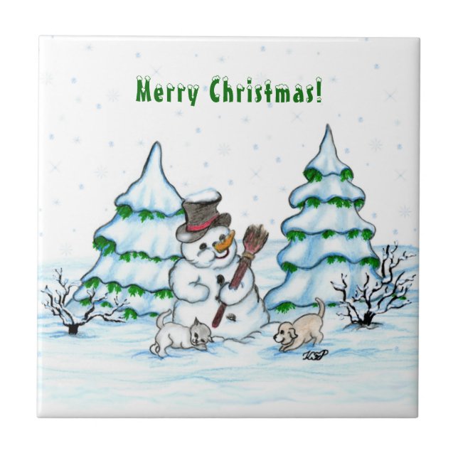 God jul! Snögubbe med katt och valp Kakelplatta (Framsidan)