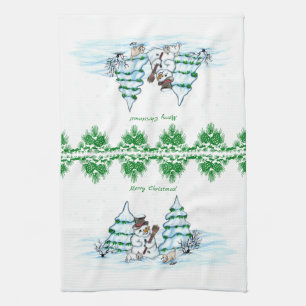 God jul! Snögubbe med katt och valp Kökshandduk