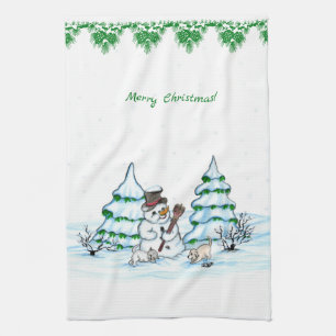 God jul! Snögubbe med katt och valp Kökshandduk