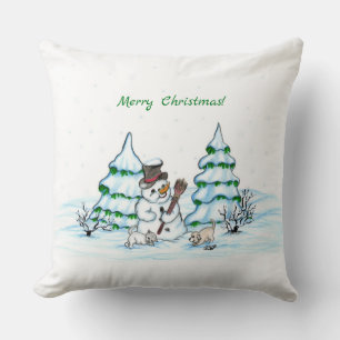 God jul! Snögubbe med katt och valp Kudde