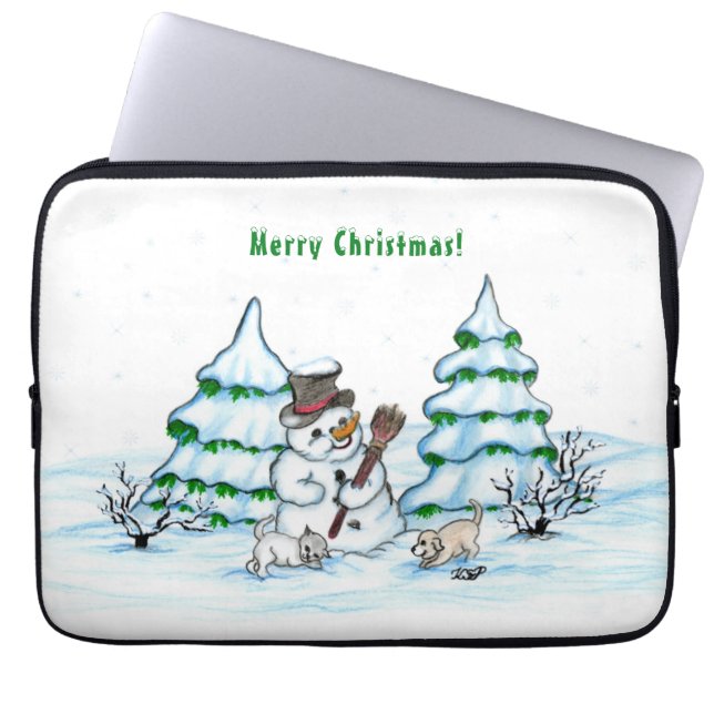 God jul! Snögubbe med katt och valp Laptop Fodral (Framsidan)