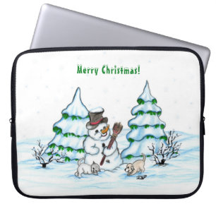 God jul! Snögubbe med katt och valp Laptop Fodral