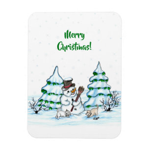 God jul! Snögubbe med katt och valp Magnet