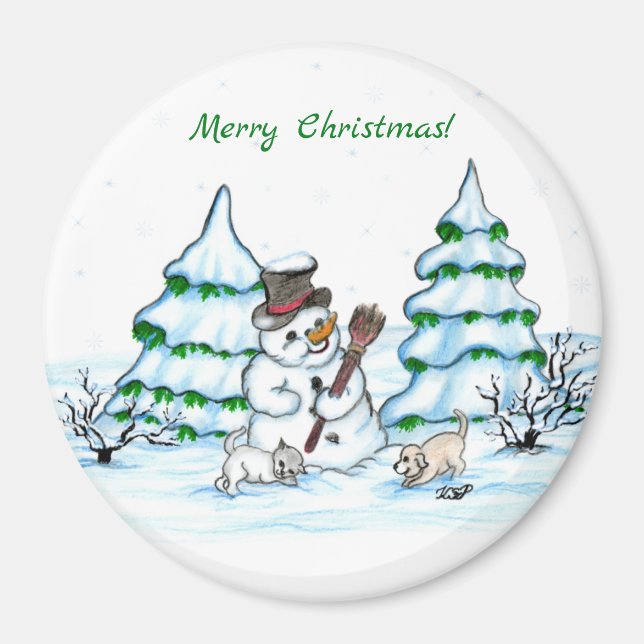 God jul! Snögubbe med katt och valp Magnet (Framsidan)