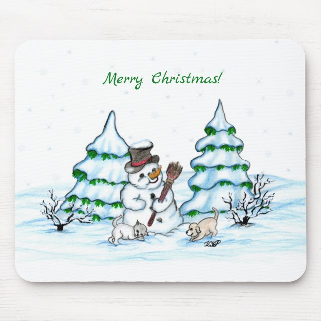 God jul! Snögubbe med katt och valp Musmatta (Framsidan)