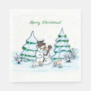 God jul! Snögubbe med katt och valp Pappersservett