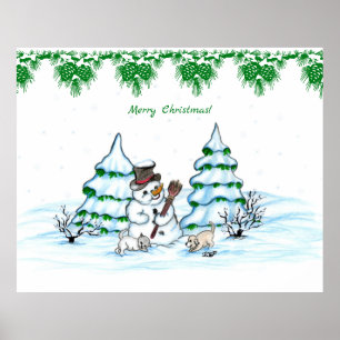 God jul! Snögubbe med katt och valp Poster