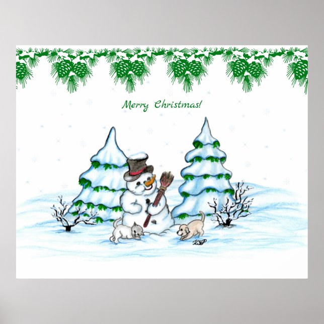 God jul! Snögubbe med katt och valp Poster (Framsidan)