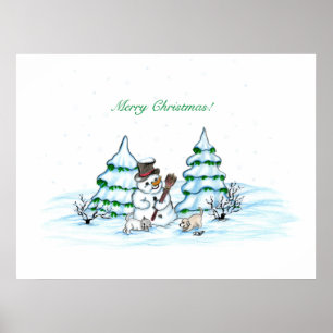 God jul! Snögubbe med katt och valp Poster