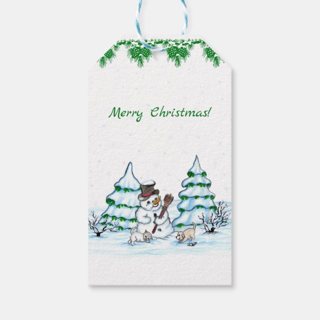 God jul! Snögubbe med katt och valp Presentetikett (Baksidan)