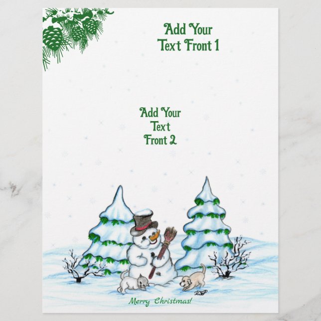 God jul! Snögubbe med katt och valp Reklamblad (Framsidan)