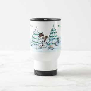 God jul! Snögubbe med katt och valp Resemugg