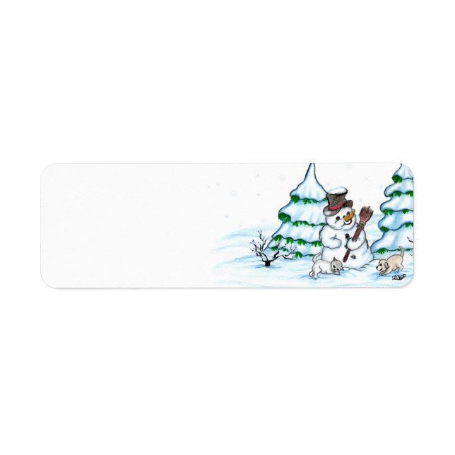 God jul! Snögubbe med katt och valp Returadress Etikett (Framsidan)