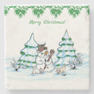 God jul! Snögubbe med katt och valp Stenunderlägg
