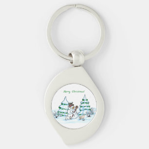 God jul! Snögubbe med katt och valp Swirl Silverfärgad Nyckelring