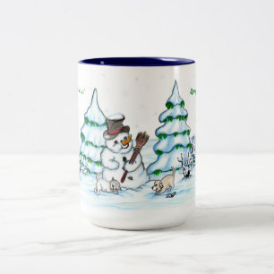 God jul! Snögubbe med katt och valp Två-Tonad Mugg