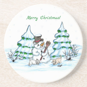 God jul! Snögubbe med katt och valp Underlägg